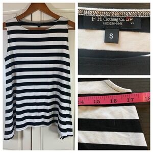 FH Clothing Tank Tunic Small Black & White Stripe Swing Handkerchief Hem Stretch